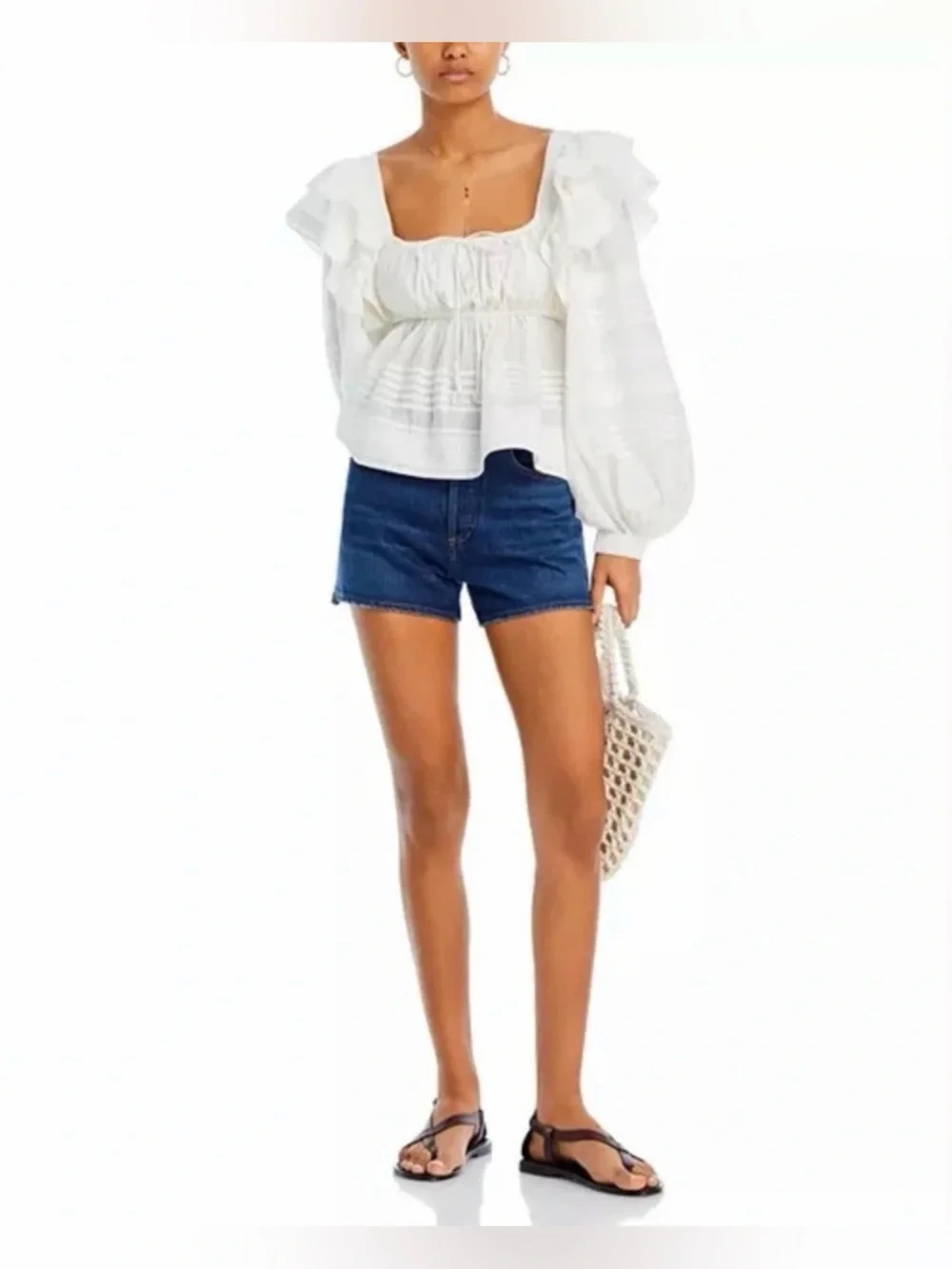 FARM Rio Off White Square Neckline Ruffle Blouse